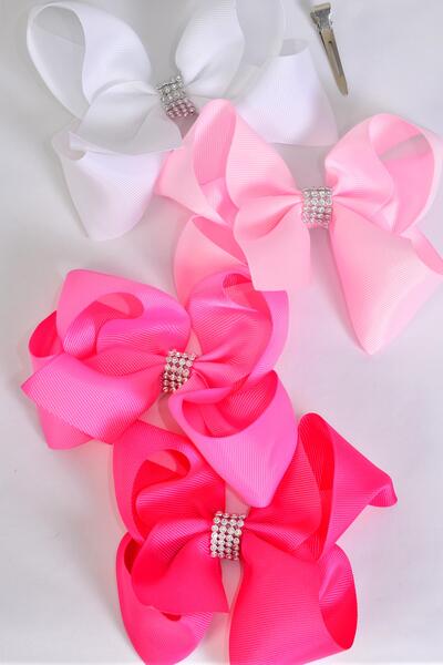 Hair Bow Jumbo Center Clear Stones Pink Mix Grosgrain Bow-tie / 12 pcs Bow = Dozen Pink Mix , Alligator Clip , Size - 6" x 5" Wide , 3 White , 3 Baby Pink , 3 Hot Pink , 3 Fuchsia Color Asst , Clip Strip & UPC Code