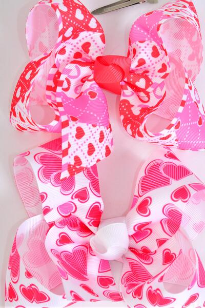 Hair Bow Jumbo Heart Hugg and Kiss Mix Grosgrain Bow-tie / 12 pcs Bow = Dozen  Alligator Clip , Size - 6" x 5" Wide , 6 of each Pattern Asst , Clip Strip & UPC Code
