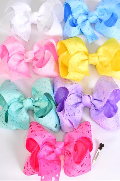 Hair Bow Jumbo Double Layered Carve Heart Grosgrain Bow-tie Pastel / 12 pcs Bow = Dozen Alligator Clip , Size - 6" x 5" Wide , 2 White , 2 Pink , 1 Blue , 1 Yellow , 2 Lavender , 2 Hot Pink , 2 Mint Mix Color Asst , Clip Strip & UPC Code