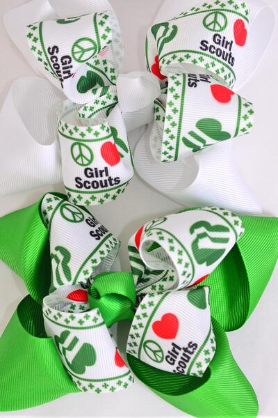 Hair Bow Jumbo Double Layered Girl Scouts Grosgrain Bow-tie / 12 pcs Bow = Dozen Girl Scout , Alligator Clip , Size - 6" x 5" Wide , 6 Green , 6 White Color Asst , Clip Strip & UPC Code