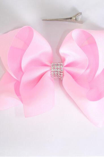 Hair Bow Jumbo Center Clear Stones Baby Pink Grosgrain Bow-tie / 12 pcs Bow = Dozen Baby Pink , Alligator Clip , Bow - 6" x 5", Clip Strip & UPC Code