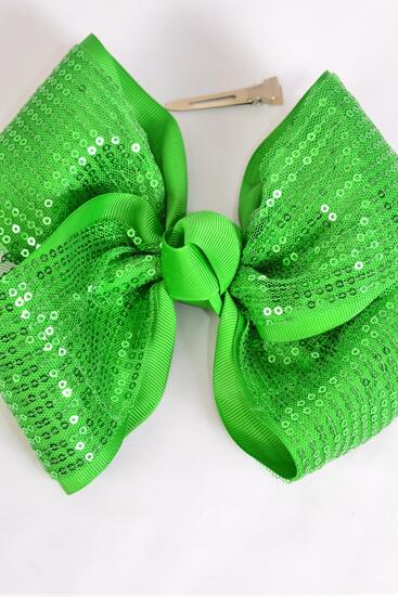 Hair Bow Extra Jumbo Cheer Type Bow Sequin Double Layered Grosgrain Bow-tie Green / 12 pcs Bow = Dozen Green Sequin , Alligator Clip , Size - 8" x 7" Wide , Clip Strip & UPC Code