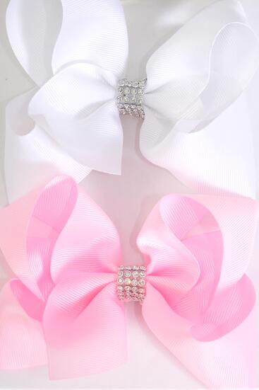 Hair Bow Jumbo Center Clear Stones Baby Pink White Mix Grosgrain Bow-tie / 12 pcs Bow = Dozen   Alligator Clip , Bow - 6" x 5" Wide , 6 Bsaby Pink , 6 White Color Asst , Clip Strip & UPC Code