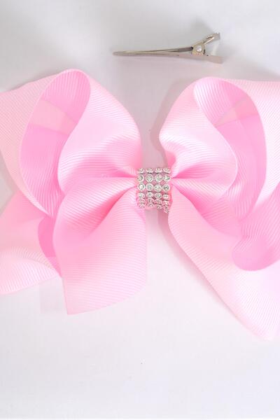 Hair Bow Jumbo Center Clear Stones Baby Pink Grosgrain Bow-tie / 12 pcs Bow = Dozen Baby Pink , Alligator Clip , Bow - 6" x 5", Clip Strip & UPC Code
