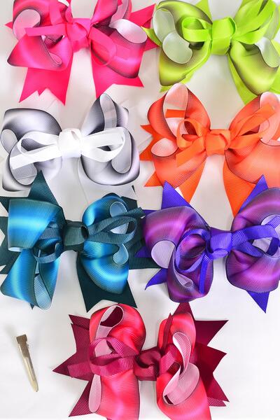 Hair Bow Jumbo Double Layered  Gradient Tiedye Grosgrain Bow-tie / 12 pcs Bow = Dozen Alligator Clip , Size - 6" x 5" Wide , 2 Fuchsia , 2 White , 2 Spruce , 2 Purple , 2 Wine , 1 Green ,1 Autumn Orange Asst , Clip Strip & UPC Code