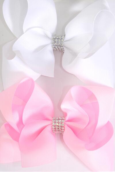 Hair Bow Jumbo Center Clear Stones Baby Pink White Mix Grosgrain Bow-tie / 12 pcs Bow = Dozen   Alligator Clip , Bow - 6" x 5" Wide , 6 Bsaby Pink , 6 White Color Asst , Clip Strip & UPC Code