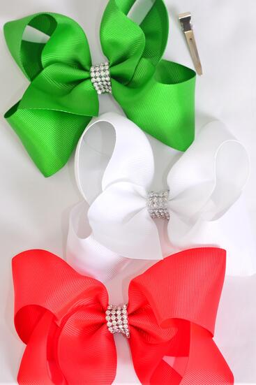 Hair Bow Jumbo Center Clear Stones Red White Green Mix Grosgrain Bow-tie / 12 pcs Bow = Dozen Alligator Clip , Size - 6" x 5" Wide , 4 of each Pattern Asst , Clip Strip & UPC Code.