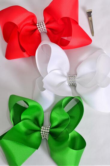 Hair Bow Jumbo Center Clear Stones Red White Green Mix Grosgrain Bow-tie / 12 pcs Bow = Dozen Alligator Clip , Size - 6" x 5" Wide , 4 of each Pattern Asst , Clip Strip & UPC Code.