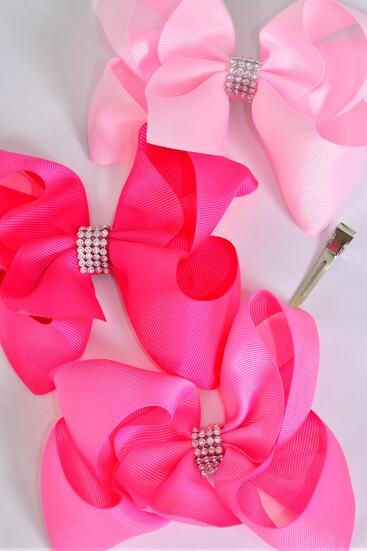 Hair Bow Jumbo Center Clear Stones Pink Mix Grosgrain Bow-tie / 12 pcs Bow = Dozen Pink Mix , Alligator Clip , Size - 6" x 5" Wide , 4 baby Pink , 4 Hot Pink , 4 Fuchsia Color Asst , Clip Strip & UPC Code