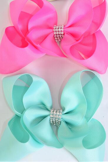 Hair Bow Jumbo Center Clear Stones Aqua Hot Pink Mix Grosgrain Bow-tie / 12 pcs Bow = Dozen  Alligator Clip , Bow - 6" x 5" Wide , 6 Aqua , 6 Hot Pink Color Asst , Clip Strip & UPC Code