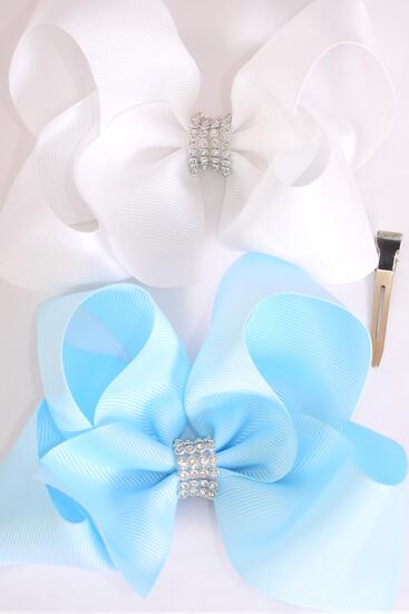 Hair Bow Jumbo Center Clear Stones Baby Blue White Mix Grosgrain Bow-tie / 12 pcs Bow = Dozen  Alligator Clip , Bow - 6" x 5" Wide , 6 Baby Blue , 6 White Color Asst , Clip Strip & UPC Code