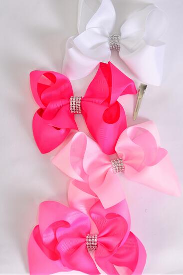 Hair Bow Jumbo Center Clear Stones Pink Mix Grosgrain Bow-tie / 12 pcs Bow = Dozen Pink Mix , Alligator Clip , Size - 6" x 5" Wide , 3 White , 3 Baby Pink , 3 Hot Pink , 3 Fuchsia Color Asst , Clip Strip & UPC Code