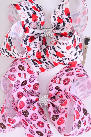Hair Bow Jumbo Love Words Heart Doughnut Mix Grosgrain Bow-tie / 12 pcs Bow = Dozen Alligator Clip , Size - 6" x 5" Wide , 6 of each Pattern Asst , Clip Strip & UPC Code