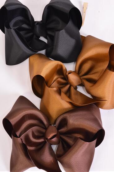 Hair Bow Extra Jumbo Cheer type Bow Brown tone Mix Grosgrain Bow-tie / 12 pcs Bow = Dozen Alligator Clip , Size - 8" x 7" Wide , 4 Black , 4 Dark Brown , 4 Light Brown Pattern Mix , Clip Strip & UPC Code