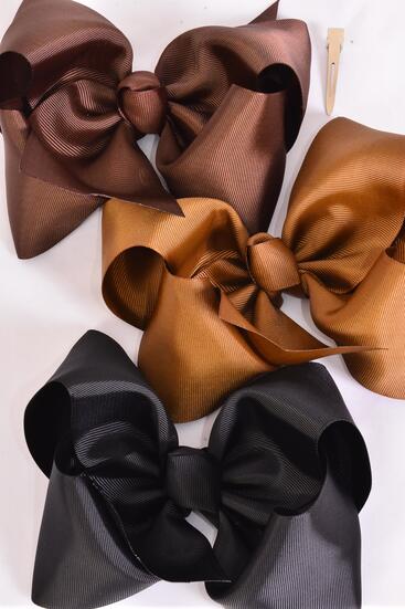Hair Bow Extra Jumbo Cheer type Bow Brown tone Mix Grosgrain Bow-tie / 12 pcs Bow = Dozen Alligator Clip , Size - 8" x 7" Wide , 4 Black , 4 Dark Brown , 4 Light Brown Pattern Mix , Clip Strip & UPC Code