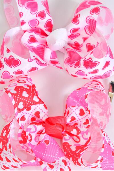 Hair Bow Jumbo Heart Hugg and Kiss Mix Grosgrain Bow-tie / 12 pcs Bow = Dozen  Alligator Clip , Size - 6" x 5" Wide , 6 of each Pattern Asst , Clip Strip & UPC Code
