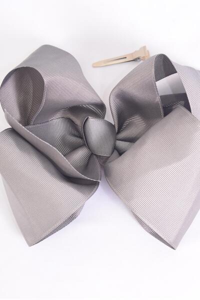Hair Bow Extra Jumbo Cheer Type Bow Gray Grosgrain Bow-tie / 12 pcs Bow = Dozen Gray , Alligator Clip , Size - 8" x 7" Wide , Clip Strip & UPC Code