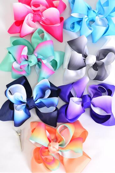 Hair Bow Jumbo Double Layered Gradient Tiedye Grosgrain Bow-tie / 12 pcs Bow = Dozen Multi , Alligator Clip , Size - 6" x 5" Wide , 2 Aqua , 2 White , 2 Fuchsia , 2 Purple , 2 Navy , 1 Blue , 1 Peach Color Asst , Clip Strip & UPC Code