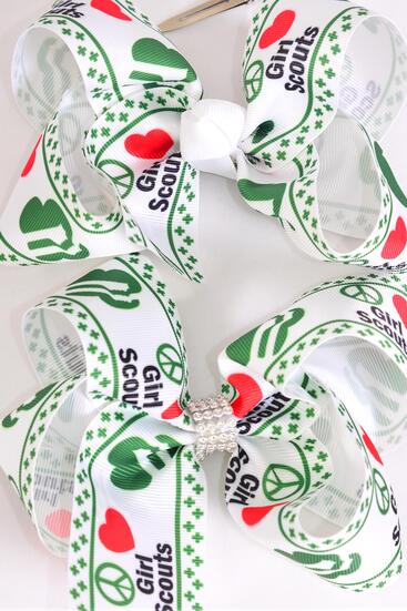 Hair Bow Jumbo Girl Scouts Grosgrain Bow-tie / 12 pcs Bow = Dozen Alligator Clip , Size - 6" x 5" Wide , 6 Of Each Pattern Asst , Clip Strip & UPC Code
