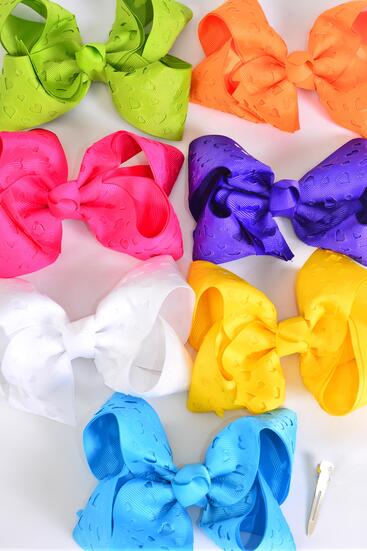 Hair Bow Jumbo Double Layered Heart Citrus Grosgrain Bow-tie / 12 pcs Bow = Dozen Alligator Clip , Size - 6" x 5" Wide , 2 White , 2 Fuchsia , 2 Purple , 2 Yellow , 2 Blue , 1 Lime ,1 Orange Color Asst , Clip Strip & UPC Code