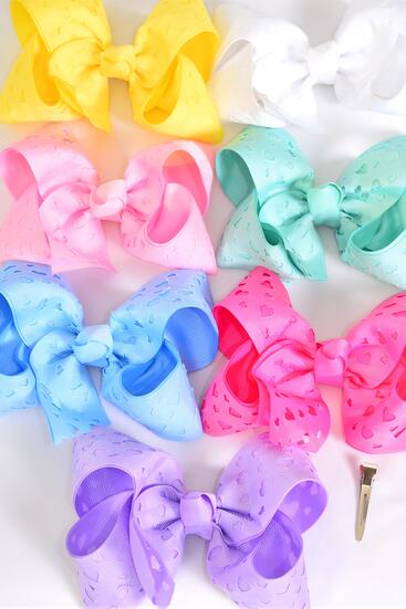 Hair Bow Jumbo Double Layered Carve Heart Grosgrain Bow-tie Pastel / 12 pcs Bow = Dozen Alligator Clip , Size - 6" x 5" Wide , 2 White , 2 Pink , 1 Blue , 1 Yellow , 2 Lavender , 2 Hot Pink , 2 Mint Mix Color Asst , Clip Strip & UPC Code