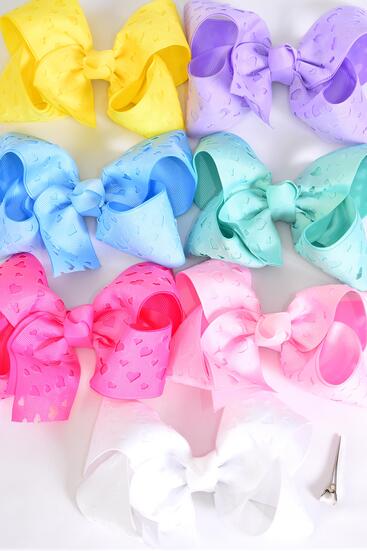 Hair Bow Jumbo Double Layered Carve Heart Grosgrain Bow-tie Pastel / 12 pcs Bow = Dozen Alligator Clip , Size - 6" x 5" Wide , 2 White , 2 Pink , 1 Blue , 1 Yellow , 2 Lavender , 2 Hot Pink , 2 Mint Mix Color Asst , Clip Strip & UPC Code