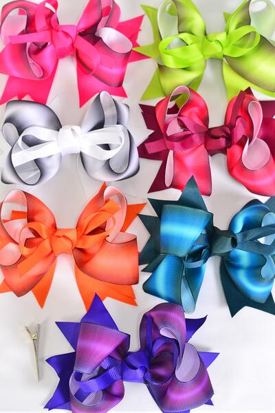 Hair Bow Jumbo Double Layered  Gradient Tiedye Grosgrain Bow-tie / 12 pcs Bow = Dozen Alligator Clip , Size - 6" x 5" Wide , 2 Fuchsia , 2 White , 2 Spruce , 2 Purple , 2 Wine , 1 Green ,1 Autumn Orange Asst , Clip Strip & UPC Code