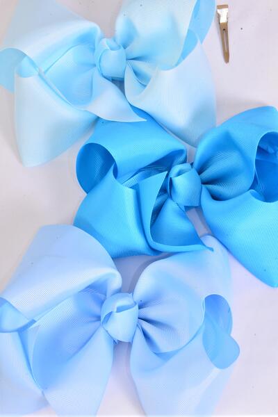Hair Bow Extra Jumbo Cheer Type Bow Blue Mix Grosgrain Bow-tie / 12 pcs Bow = Dozen  Blue Mix , Alligator Clip , Size - 8" x 7" Wide , 4 Turquoise , 4 Sky Blue , 4 Baby Blue Mix , Clip Strip & UPC Code