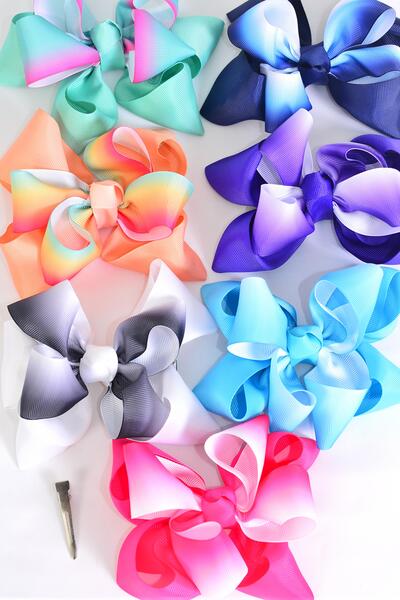 Hair Bow Jumbo Double Layered Gradient Tiedye Grosgrain Bow-tie / 12 pcs Bow = Dozen Multi , Alligator Clip , Size - 6" x 5" Wide , 2 Aqua , 2 White , 2 Fuchsia , 2 Purple , 2 Navy , 1 Blue , 1 Peach Color Asst , Clip Strip & UPC Code