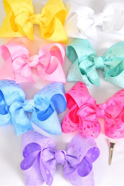 Hair Bow Jumbo Double Layered Carve Heart Grosgrain Bow-tie Pastel / 12 pcs Bow = Dozen Alligator Clip , Size - 6" x 5" Wide , 2 White , 2 Pink , 1 Blue , 1 Yellow , 2 Lavender , 2 Hot Pink , 2 Mint Mix Color Asst , Clip Strip & UPC Code