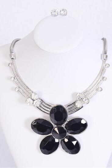 Necklace Sets Chain w Large Rhinestone Flower Pendant Black / Sets Flower Size - 3" Wide , Extension Chain , Choose Colors , Black Velvet Display Card & OPP Bag 