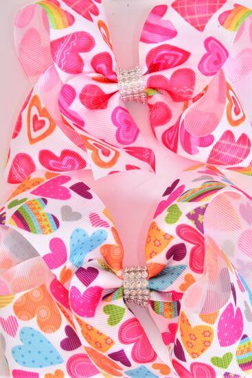 Hair Bow Jumbo Multi Hearts Grosgrain Bow-tie / 12 pcs Bow = Dozen   Alligator Clip , Bow - 6" x 5" Wide , 4 of each Pattern Asst , Clip Strip & UPC Code