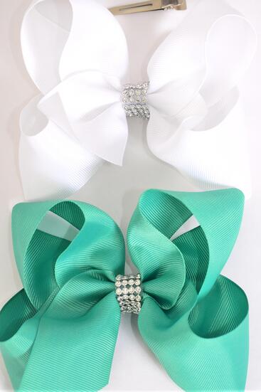 Hair Bow Jumbo Center Clear Stones Caribbean Green White color Mix Grosgrain Bow-tie / 12 pcs Bow = Dozen  Alligator Clip , Bow - 6" x 5",  6 Caribbean Green , 6 White Color Asst , Clip Strip and UPC Code