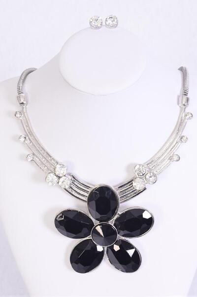Necklace Sets Chain w Large Rhinestone Flower Pendant Black / Sets Flower Size - 3" Wide , Extension Chain , Choose Colors , Black Velvet Display Card & OPP Bag 
