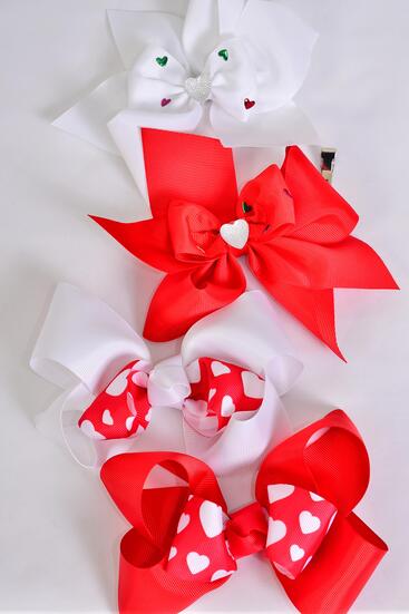 Hair Bow Jumbo Heart Pattern Mix Grosgrain Bow-tie / 12 pcs Bow = Dozen Alligator Clip , Size - 6" x 5" Wide , 3 Of Each Pattern Asst , Clip Strip & UPC Code