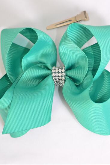Hair Bow Jumbo Center Clear Stones Caribbean Green Grosgrain Bow-tie / 12 pcs Bow = Dozen Caribbean Green , Alligator Clip , Size - 6" x 5" Wide ,  Clip Strip & UPC Code