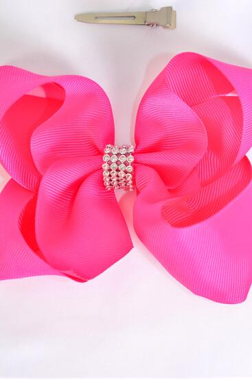 Hair Bow Jumbo Center Clear Stones Fuchsia Grosgrain Bow-tie / 12 pcs Bow = Dozen  Fuchsia , Alligator Clip , Bow - 6" x 5" , Clip Strip & UPC Code