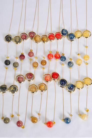 Necklace Trendy Marble Like Rhinestone Bezel Multi Asst / 12 pcs = Dozen  Multi , 30'' Chain , 2 Black , 2 Red , 2 Navy , 2 Brown , 2 Ivory , 2 Purple Color Asst , Hang Card & OPP Bag & UPC Code