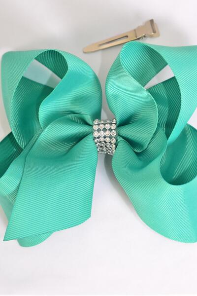 Hair Bow Jumbo Center Clear Stones Caribbean Green Grosgrain Bow-tie / 12 pcs Bow = Dozen Caribbean Green , Alligator Clip , Size - 6" x 5" Wide ,  Clip Strip & UPC Code