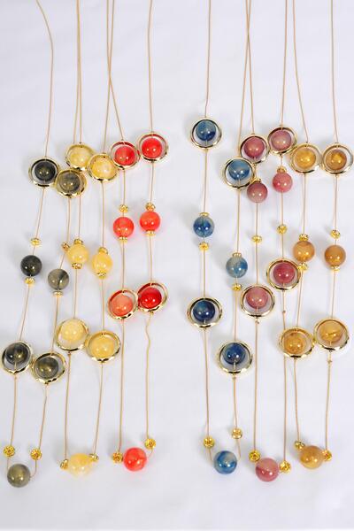 Necklace Trendy Marble Like Rhinestone Bezel Multi Asst / 12 pcs = Dozen  Multi , 30'' Chain , 2 Black , 2 Red , 2 Navy , 2 Brown , 2 Ivory , 2 Purple Color Asst , Hang Card & OPP Bag & UPC Code