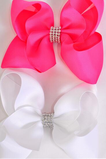 Hair Bow Jumbo Center Clear Stones Fuchsia White Color Mix Grosgrain Bow-tie / 12 pcs Bow = Dozen Alligator Clip , Bow - 6" x 5" , 6 Fuchsia , 6 White Color Asst , Clip Strip & UPC Code