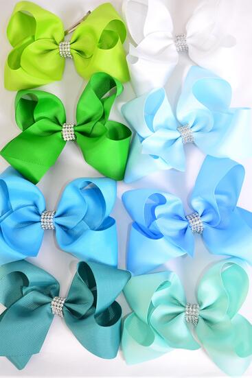 Hair Bow Jumbo Green Blue Mix Alligator Clip Grosgrain Bow-tie / 12 pcs Bow = Dozen Size - 6" x  5" , 3 White , 1 Jade Green , 1 Kelly Green , 1 Lime , 1 Turquoise , 1 Sky Blue , 1 Baby Blue , 1 Tropic , 1 aqua , 1 Mint Green mix