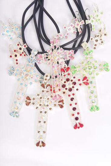 Necklace Sets Large Cross Rhinestone / 12 Sets = Dozen French Post , Size - 18" , Cross - 3.5" x 2" Wide , Earring - 1" x 0.75" Wide , Extenstion Chain , Display Card & OPP Bag & UPC Code , Choose Colors