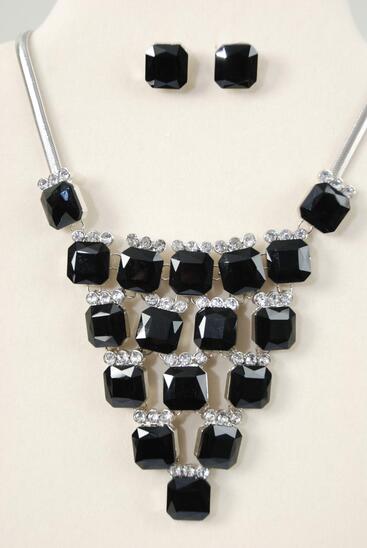Necklace Sets Fancy Octagon Glass Rhinestone Black / 12 sets = Dozen Post , 18" Extension Chain , Velvet Display Card & OPP Bag & UPC Code