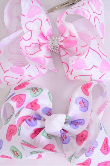 Hair Bow Jumbo Pastel Hearts Hug & Kiss Grosgrain Bow-tie / 12 pcs Bow = Dozen  Alligator Clip , Size - 6" x 5" Wide , 6 Of Each Pattern Asst , Clip Strip & UPC Code