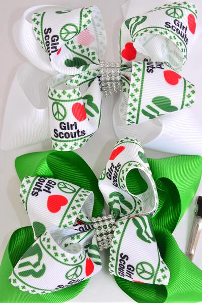 Hair Bow Jumbo Double Layered Girl Scouts Grosgrain Bow-tie / 12 pcs Bow = Dozen Girl Scout , Alligator Clip , Size - 6" x 5" Wide , 6 Green , 6 White Color Asst , Clip Strip & UPC Code