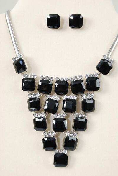 Necklace Sets Fancy Octagon Glass Rhinestone Black / 12 sets = Dozen Post , 18" Extension Chain , Velvet Display Card & OPP Bag & UPC Code