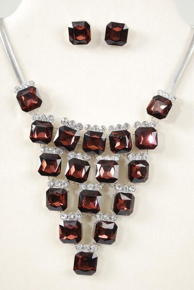 Necklace Sets Fancy Octagon Glass Rhinestone Purple / 12 sets = Dozen  Purple , Post , 18" Extension Chain , Velvet Display Card & OPP Bag & UPC Code