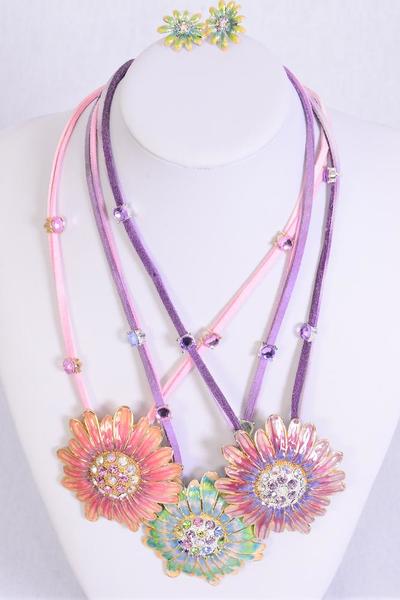 Necklace Sets Flower Enamel Pendent w Rhinestone / 12 Sets = Dozen Post , Daisy - 2.5" Wide , Earring - 0.75" Wide , Display Card & OPP Bag & UPC Code , Choose Colorst