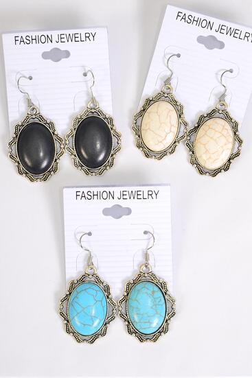 Earrings Metal Antique Oval Semiprecious Stone / 12 pair = Dozen Fish Hook , Size - 1.25" x 1" Wide , 4 Black , 4 Ivory , 4 Turquoise Color Asst , Earring Card & OPP Bag & UPC Code 